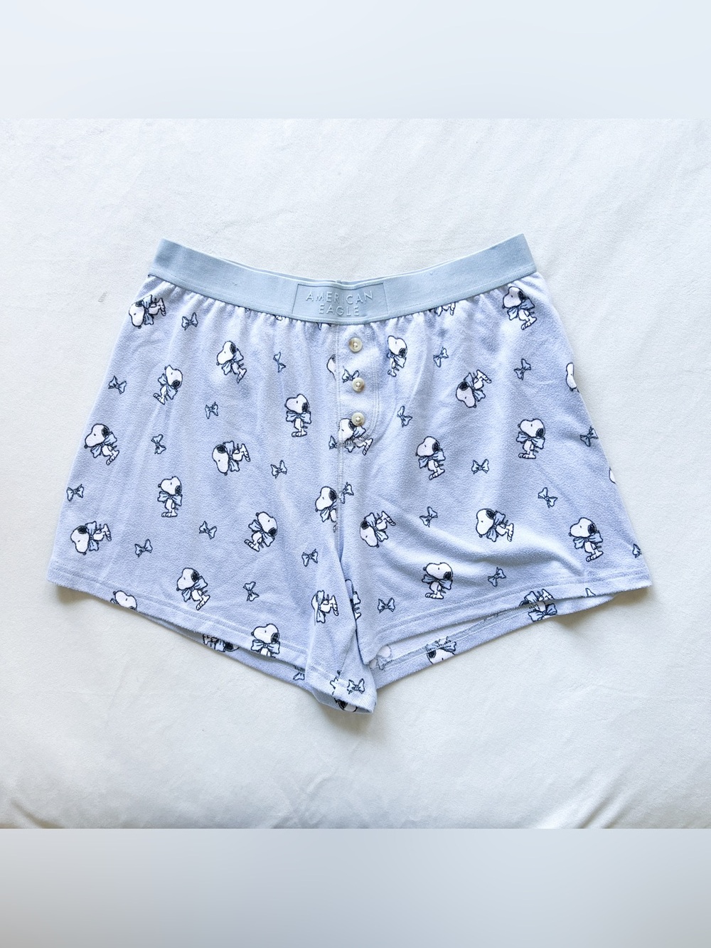 American Eagle Outfitters Light Blue Snoopy Print Soft Pajama Shorts - Medium